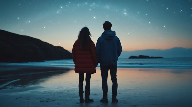 A couple stands hand in hand on the beach at dusk, gazing at the starry sky above the tranquil ocean waves.