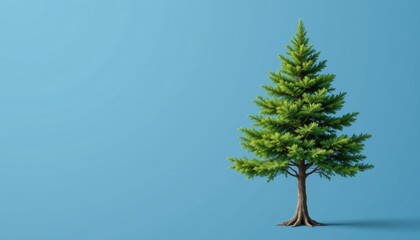 Lush Evergreen Tree on Blue Background, Digital Artwork, Minimalist Style