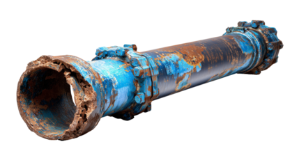 Old, Corroded Blue Metal Pipes with Flanges, Isolated on Transparent Background.