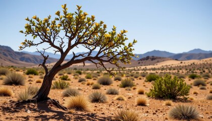 Desert Landscape, Isolated Tree, Arid Region, Nature Photography, Bright Sunlight, Ground Level, Serenity in Nature