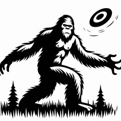 Bigfoot playing frisbee Labor Day. Sasquatch a Large Hairy Humanlike Creature Cartoon Animal Clipart Line Art Vector Illustration. Mythical throwing disc on the holiday weekend in early.