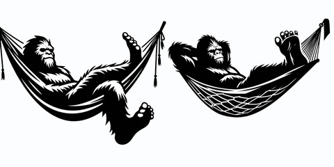 Bigfoot relaxing in hammock Labor Day. Sasquatch a Large Hairy Humanlike Creature Cartoon Animal Clipart Line Art Vector Illustration. ape unwinding sling during holiday weekend observance.