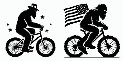 Bigfoot riding bicycle Fourth of July. Sasquatch a Large Hairy Humanlike Creature Cartoon Animal Clipart Line Art Vector Illustration. on cycle independence day holiday celebration fun.