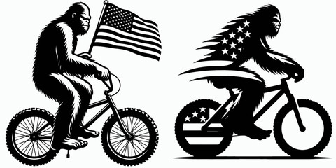 Bigfoot riding bicycle Fourth of July. Sasquatch a Large Hairy Humanlike Creature Cartoon Animal Clipart Line Art Vector Illustration. wheeling cycle america independence celebration.