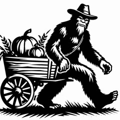 Bigfoot riding hayride cart Autumn Festival. Sasquatch a Large Hairy Humanlike Creature Cartoon Animal Clipart Line Art Vector Illustration. aboard wagon fall celebration country fair.
