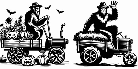 Bigfoot riding hayride cart Autumn Festival. Sasquatch a Large Hairy Humanlike Creature Cartoon Animal Clipart Line Art Vector Illustration. on wagon at fall harvest celebration rural.