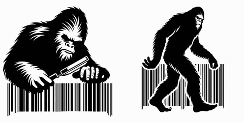 Bigfoot scanning barcode Black Friday. Sasquatch a Large Hairy Humanlike Creature Cartoon Animal Clipart Line Art Vector Illustration. using reader during deep discount event.