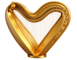 Ornate Golden Harp with Heart Frame – Elegant Transparent PNG