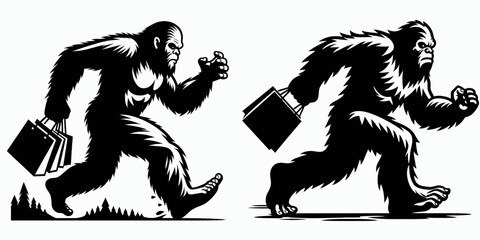Bigfoot running through mall Black Friday. Sasquatch a Large Hairy Humanlike Creature Cartoon Animal Clipart Line Art Vector Illustration. sprints inside bargain center post-thanksgiving.