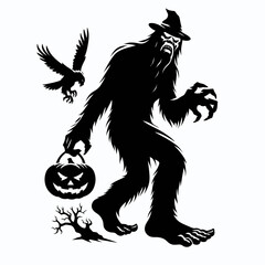 Bigfoot scaring children Halloween. Sasquatch a Large Hairy Humanlike Creature Cartoon Animal Clipart Line Art Vector Illustration. giant fright trick-or-treat celebration prank.