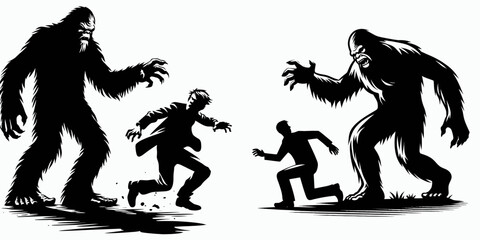 Bigfoot scaring someone Halloween. Sasquatch a Large Hairy Humanlike Creature Cartoon Animal Clipart Line Art Vector Illustration. beast fright trick-or-treat night spooky autumn prank.