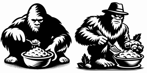 Bigfoot serving mashed potatoes Thanksgiving. Sasquatch a Large Hairy Humanlike Creature Cartoon Animal Clipart Line Art Vector Illustration. dishing creamed spud holiday meal funny myth.
