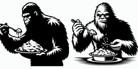 Bigfoot serving mashed potatoes Thanksgiving. Sasquatch a Large Hairy Humanlike Creature Cartoon Animal Clipart Line Art Vector Illustration. Yeti helping with food holiday dinner.