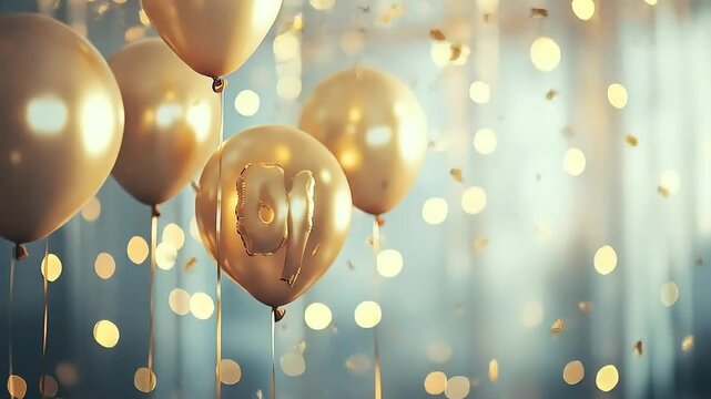 Golden balloons floating gracefully in a festive atmosphere with bokeh