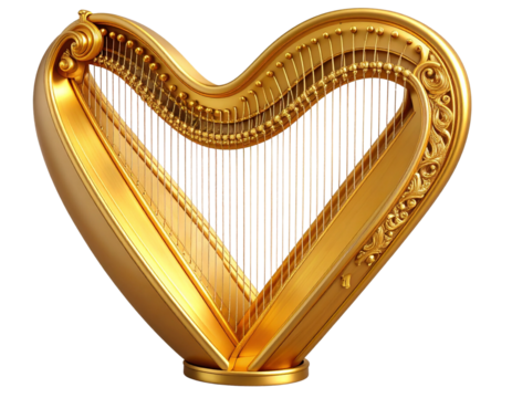 Ornate Golden Harp with Heart Frame – Elegant Transparent PNG - Powered by Adobe