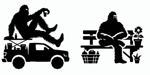 Bigfoot sitting on tailgate Fall Tailgating. Sasquatch a Large Hairy Humanlike Creature Cartoon Animal Clipart Line Art Vector Illustration. resting pickup truck gate autumn outdoor party.