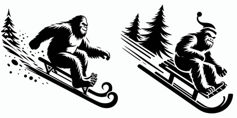 Bigfoot sledding downhill Christmas. Sasquatch a Large Hairy Humanlike Creature Cartoon Animal Clipart Line Art Vector Illustration. toboggan ride snowy slope holiday season fun.