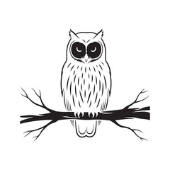 Black and white owl illustration perched on a tree branch 1