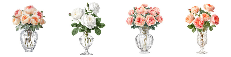 Fototapeta premium Pastel Rose Bouquet Collection: Elegant Floral Arrangements in Glass Vases