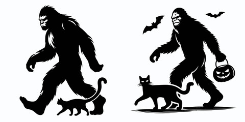 Bigfoot walking black cat Halloween. Sasquatch a Large Hairy Humanlike Creature Cartoon Animal Clipart Line Art Vector Illustration. ambulation feline dark october holiday monster parade.