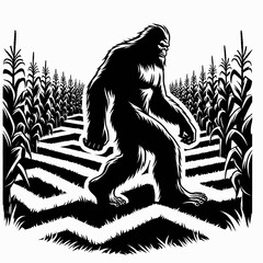 Bigfoot walking through corn maze Autumn Festival. Sasquatch a Large Hairy Humanlike Creature Cartoon Animal Clipart Line Art Vector Illustration. Cryptid saunter maize garden fall.