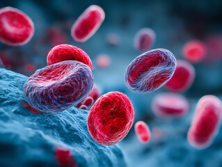 Fototapeta premium Microscopic view of vibrant red blood cells in motion.