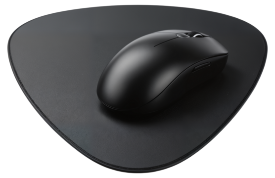 Black Wireless Computer Mouse on Triangular Mousepad PNG for Tech Product Advertising, Office Equipment Catalogs, and E-commerce Websites