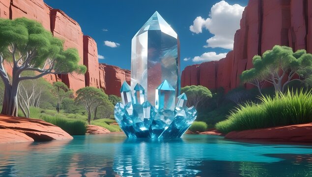 A towering crystal structure stands in the middle of a tranquil water body, reflecting the clear blue sky. Surrounded by red rocky cliffs and green trees, the scene conveys a sense of harmony - Powered by Adobe