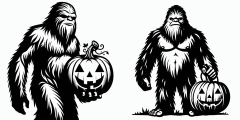 Bigfoot wearing pumpkin costume Halloween. Sasquatch a Large Hairy Humanlike Creature Cartoon Animal Clipart Line Art Vector Illustration. in gourd apparel autumn holiday fun cryptid.