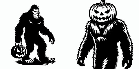 Fototapeta premium Bigfoot wearing pumpkin costume Halloween. Sasquatch a Large Hairy Humanlike Creature Cartoon Animal Clipart Line Art Vector Illustration. in gourd garment festive autumn holiday attire.