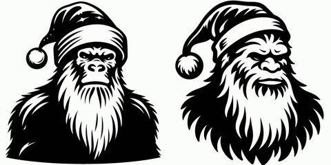 Bigfoot wearing Santa hat Christmas. Sasquatch a Large Hairy Humanlike Creature Cartoon Animal Clipart Line Art Vector Illustration. Big in holiday headgear winter festive season.