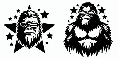 Bigfoot wearing star sunglasses Fourth of July. Sasquatch a Large Hairy Humanlike Creature Cartoon Animal Clipart Line Art Vector Illustration. ape in stellar eyewear united states holiday.