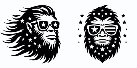 Bigfoot wearing star sunglasses Fourth of July. Sasquatch a Large Hairy Humanlike Creature Cartoon Animal Clipart Line Art Vector Illustration. with sun spectacles during independence.