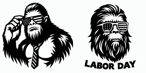 Bigfoot wearing sunglasses Labor Day. Sasquatch a Large Hairy Humanlike Creature Cartoon Animal Clipart Line Art Vector Illustration. Ape in eyewear celebrates holiday north american.