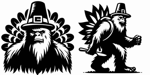 Bigfoot wearing turkey hat Thanksgiving. Sasquatch a Large Hairy Humanlike Creature Cartoon Animal Clipart Line Art Vector Illustration. in fowl headgear thankful celebration theme fall.