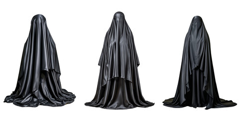 Set of Women in Black Burqas, Isolated on Transparent Background.