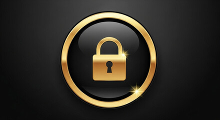 Golden padlock icon inside a glossy oval frame on a dark background symbolizing security and protection