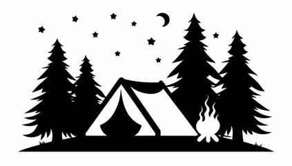 Obraz premium Silhouette of a tent surrounded by trees under a starry night sky with a crescent moon and campfire scene