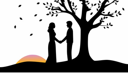 Silhouette of a couple holding hands under a tree with falling leaves and a sunset in the background scene