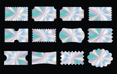 Abstract shapes sticker hologram color set. Trendy retro 90s style. Vector geometric illustration, shape and icon design