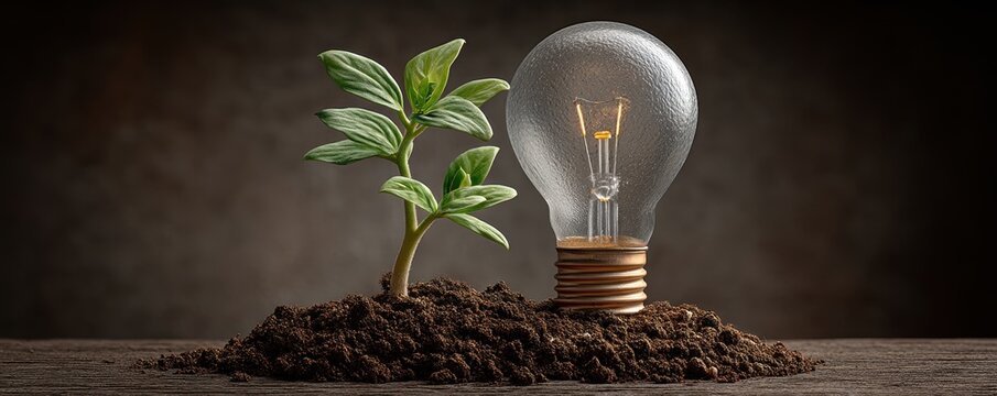 Fototapeta A creative concept image featuring a sprouting plant next to a light bulb, symbolizing growth, innovation, and the environment. Perfect for themes related to sustainability.