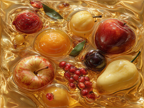 Colorful assortment of fruits glistening in a sweet syrupy glaze.
