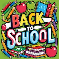Bold 'Back to School' Phrase Surrounded by Pencils, Apples, Books, and Crayons