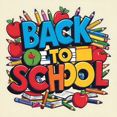 Bold 'Back to School' Phrase Surrounded by Pencils, Apples, Books, and Crayons