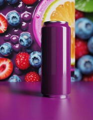 Vibrant purple aluminum can with orange lemon slice surrounded by colorful fresh berries including blueberries strawberries and raspberries in lively fruit-themed composition