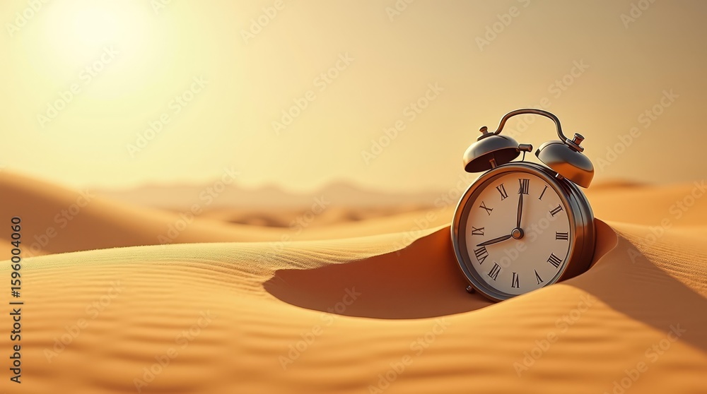 Poster desert background with surreal timepiece dissolving in sand, perfect for introspective or timeless c