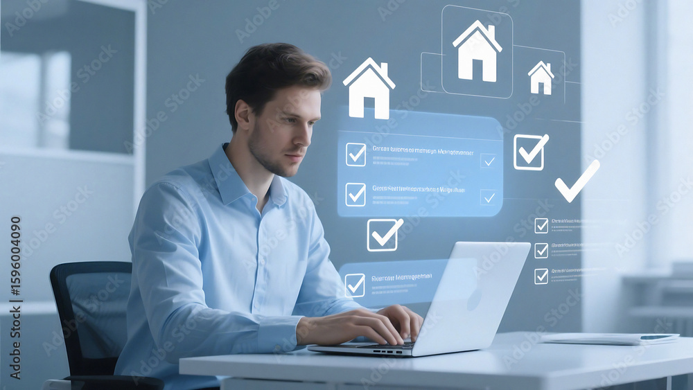 Poster man working on laptop with house icons and checklist overlay in a modern office setting