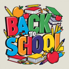 Bold 'Back to School' Phrase Surrounded by Pencils, Apples, Books, and Crayons