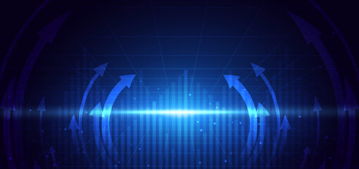 Arrow glowing blue curved with lighting effect on dark blue background.