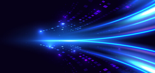Technology futuristic glowing blue square pattern on dark blue background.
